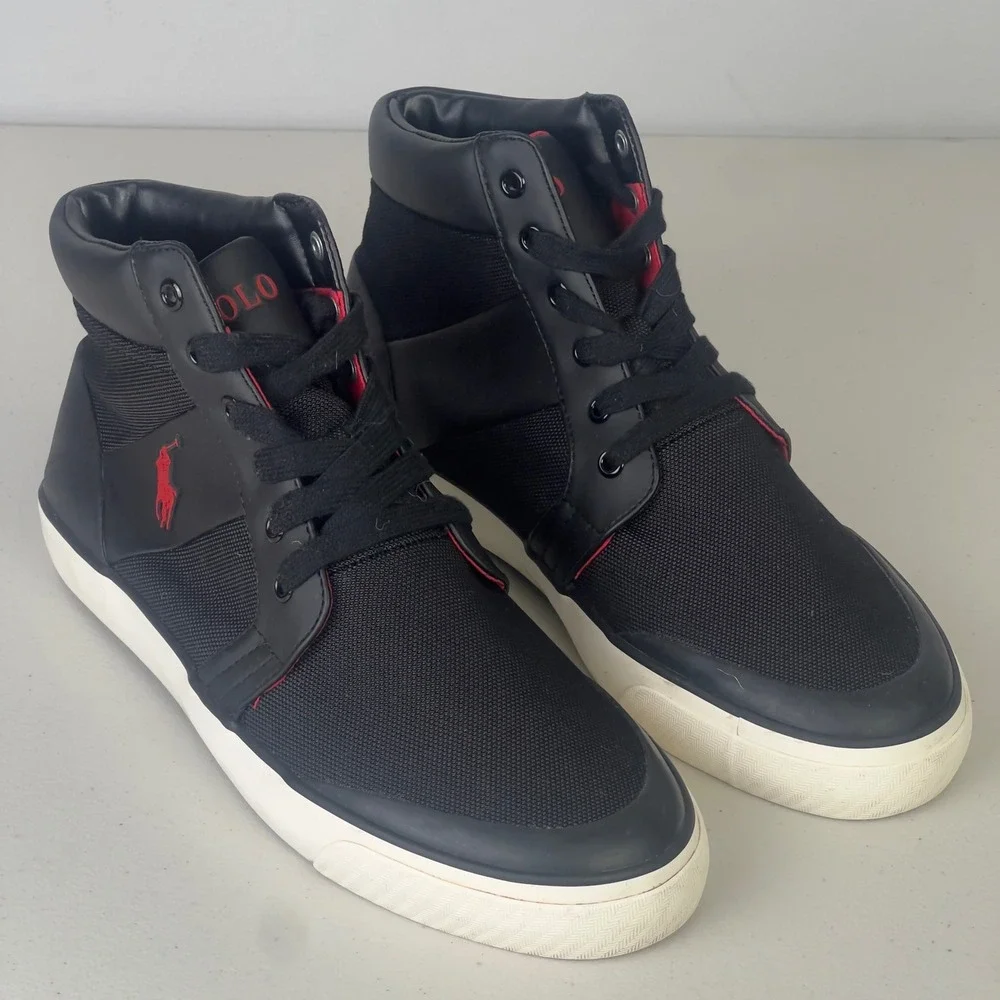 Polo Ralph Lauren Isaak Sneakers Mens 10.5D Black Red Excellent High Top Lace Up